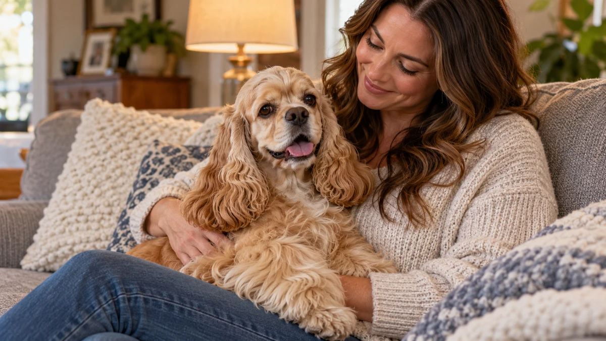 Amerikan Cocker köpek — sahibinin kucağında